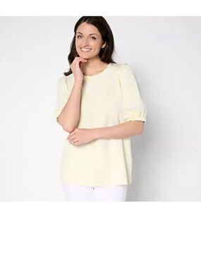 LOGO by Lori Goldstein Acid Wash Knit Top with Puff Sleeves pastel yellow